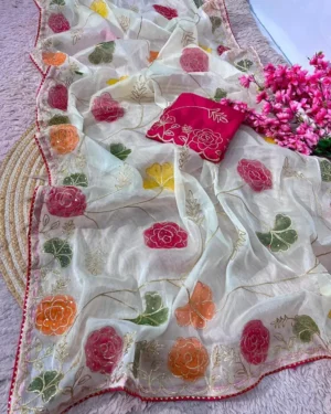 Embroidered Floral Soft Organza Saree3